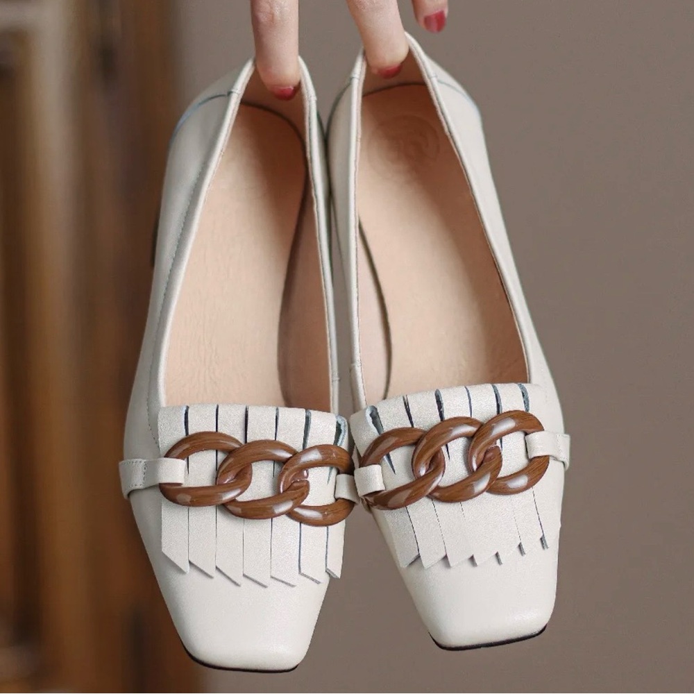 Women’s Cream Fringe Loafers with Chain Accent